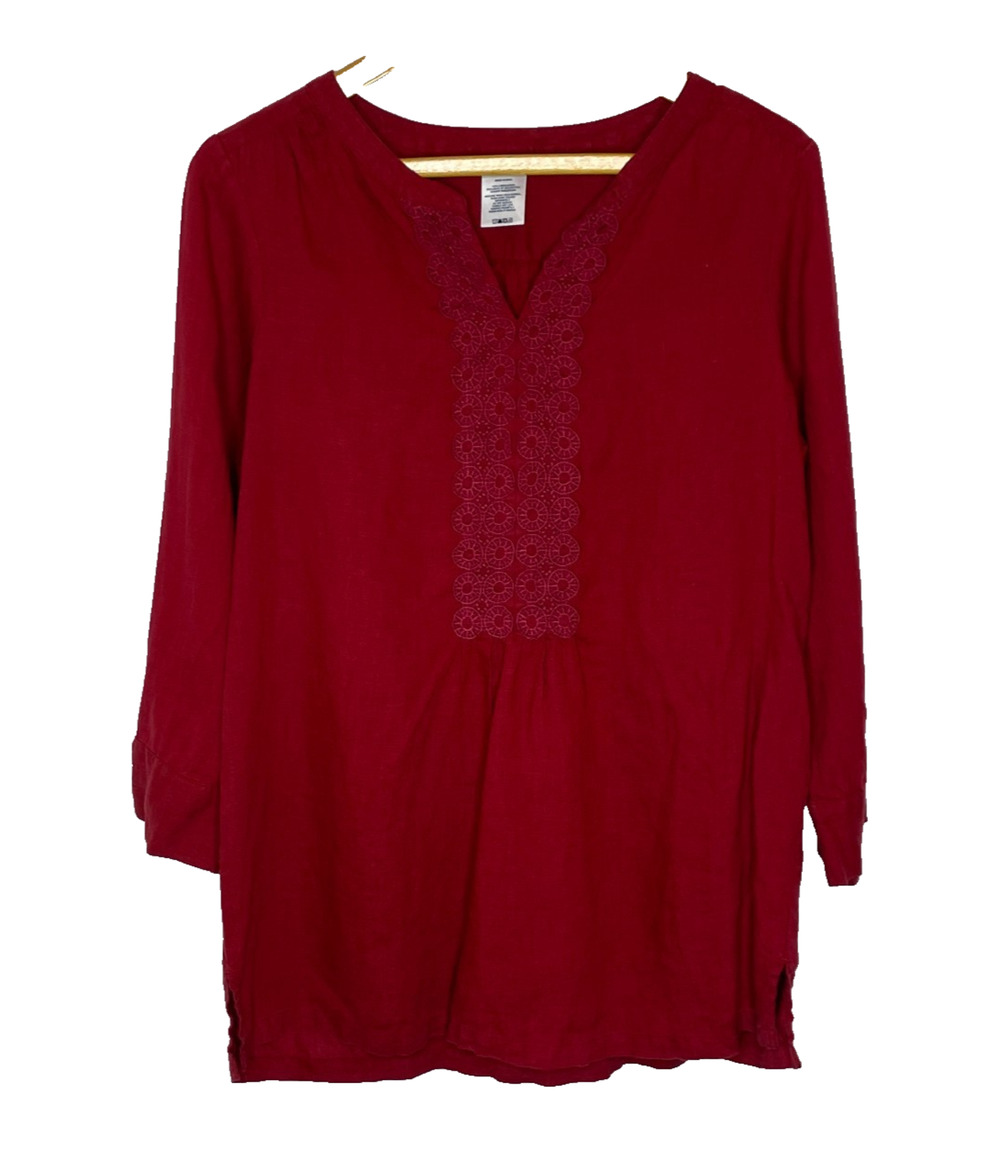 Women's 12 Lands' End 100% Linen Red Lace V-Neck Blouse